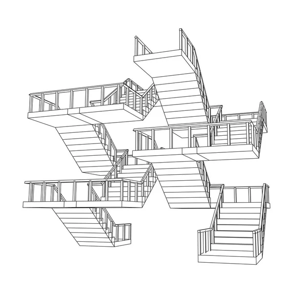 Wireframe Stairs Interior Staircases Steps Railing Wireframe Low Poly Mesh — Stock Vector