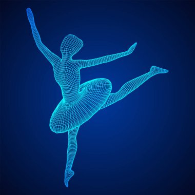 Dans eden balerin. Klasik kadın balerin. Kablo çerçevesi düşük poli ağ vektör çizimi.