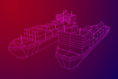 Yük konteynırlarıyla dolu ağır bir kargo gemisi. Kablo çerçevesi düşük poli ağ vektör çizimi.