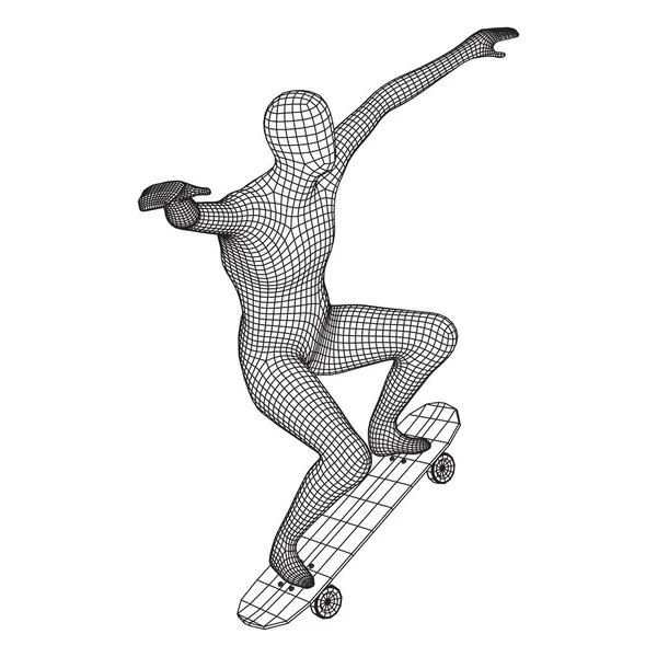 Pattinatore Che Salta Trucco Skateboard Illustrazione Vettoriale Maglie Corte Wireframe — Vettoriale Stock
