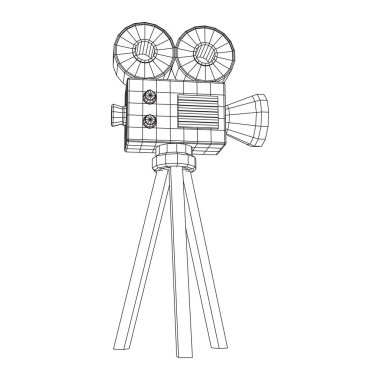Çokgen kamera projektörü. Film zamanı. Film festivali konseptini göster. Kablo çerçevesi düşük poli ağ vektör çizimi.