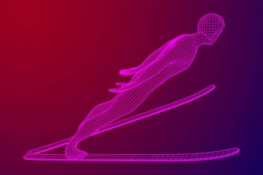 Kayak atlamacısı sporcu. Kablo çerçevesi düşük poli ağ vektör çizimi.