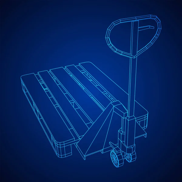 El paleti kaldırma. Depo için kargo paleti olan el yapımı forklift. Lojistik nakliye konsepti. Kablo çerçevesi düşük poli ağ vektör çizimi.