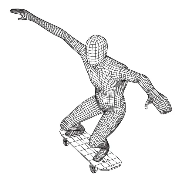 Skridskoåkare Gör Hopptrick Skateboard Wireframe Låg Poly Mesh Vektor Illustration — Stock vektor