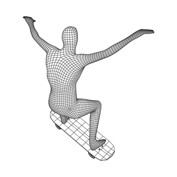 Skater Doet Jumpingtrick Skateboard Wireframe Laag Poly Mesh Vector Illustratie — Stockvector