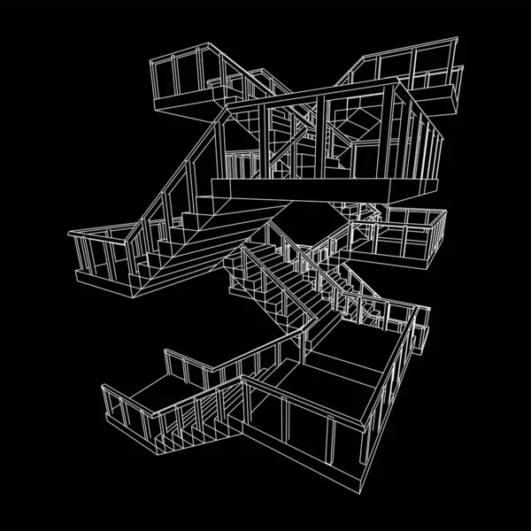 Лестница Проволочной Рамой Лестница Перилами Вифрамовая Векторная Иллюстрация Низким Содержанием — стоковый вектор