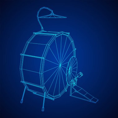 Müzik aletleri ayarlandı. Rock grubu davul takımı. Perküsyon müzik aleti bateri ve zil. Kablo çerçevesi düşük poli ağ vektör çizimi.