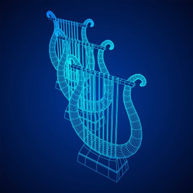 Antik lir ya da arp enstrümanı. Müzik konsepti. Kablo çerçevesi düşük poli ağ vektör çizimi.