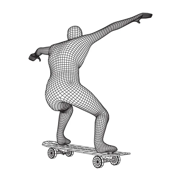 Skater Beim Sprungtrick Auf Dem Skateboard Illustration Eines Drahtgittervektors Mit — Stockvektor