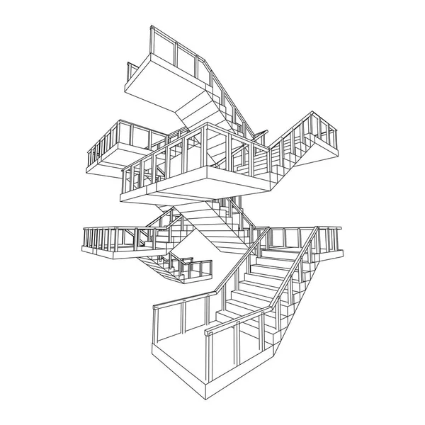 Escaleras Wireframe Escaleras Interiores Escalones Con Barandilla Ilustración Vectores Malla — Vector de stock