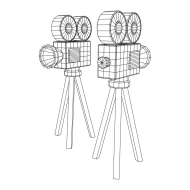 Çokgen kamera projektörü. Film zamanı. Film festivali konseptini göster. Kablo çerçevesi düşük poli ağ vektör çizimi.