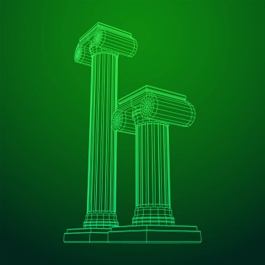 Yunan iyonik sütunu. Antik sütunlar Roma antika mimarisi inşaat dekorasyonu. Kablo çerçevesi düşük poli ağ vektör çizimi.