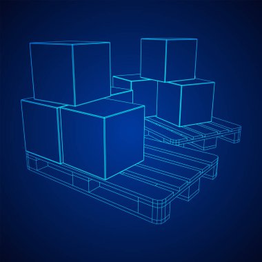 Kargo paleti, karton kutularla dolu bir depo için. Lojistik nakliye konsepti. Kablo çerçevesi düşük poli ağ vektör çizimi.