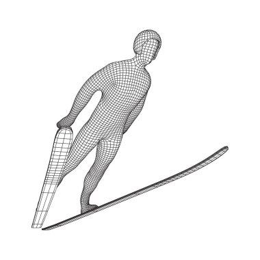 Kayak atlamacısı sporcu. Kablo çerçevesi düşük poli ağ vektör çizimi.