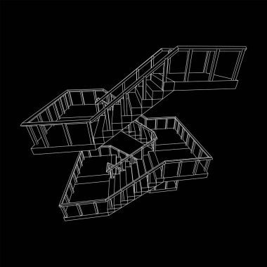 Kablo çerçeveli merdivenler, korkuluklu merdiven merdivenleri. Kablo çerçevesi düşük poli ağ vektör çizimi.