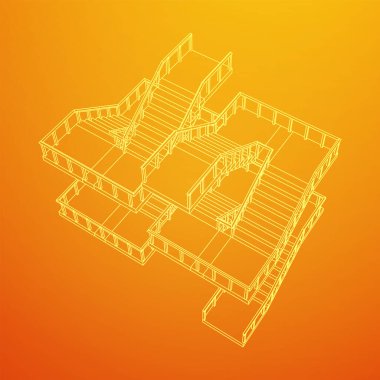 Kablo çerçeveli merdivenler, korkuluklu merdiven merdivenleri. Kablo çerçevesi düşük poli ağ vektör çizimi.