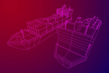 Yük konteynırlarıyla dolu ağır bir kargo gemisi. Kablo çerçevesi düşük poli ağ vektör çizimi.