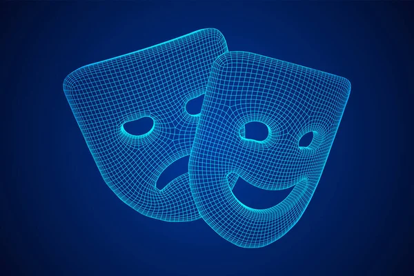 Theatrical Masks Tragedy Comedy Character Wireframe Low Poly Mesh Vector — Stock Vector