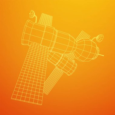 Uzay istasyonu iletişim uydusu. Kablo çerçevesi düşük poli ağ vektör çizimi.