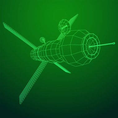 Uzay istasyonu iletişim uydusu. Kablo çerçevesi düşük poli ağ vektör çizimi.