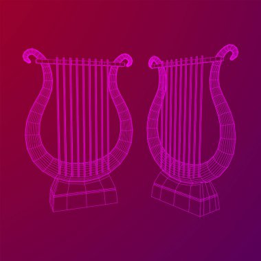 Antik lir ya da arp enstrümanı. Müzik konsepti. Kablo çerçevesi düşük poli ağ vektör çizimi.