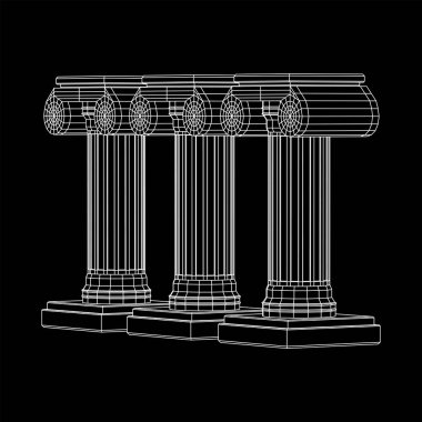 Yunan iyonik sütunu. Antik sütunlar Roma antika mimarisi inşaat dekorasyonu. Kablo çerçevesi düşük poli ağ vektör çizimi.