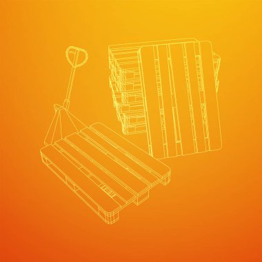 El paleti kaldırma. Depo için kargo paleti olan el yapımı forklift. Lojistik nakliye konsepti. Kablo çerçevesi düşük poli ağ vektör çizimi.