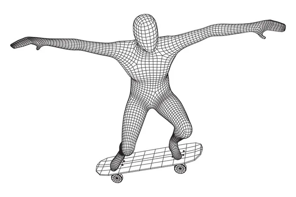 Skater Doing Jumping Trick Skateboard Wireframe Low Poly Mesh Vector — Stock Vector