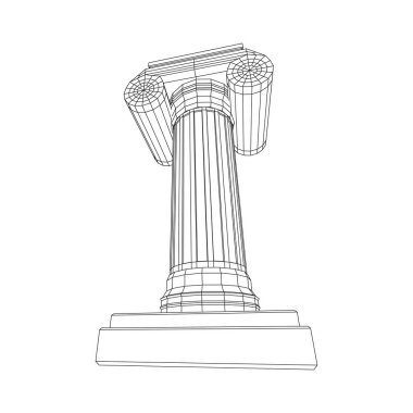 Yunan iyonik sütunu. Antik sütunlar Roma antika mimarisi inşaat dekorasyonu. Kablo çerçevesi düşük poli ağ vektör çizimi.