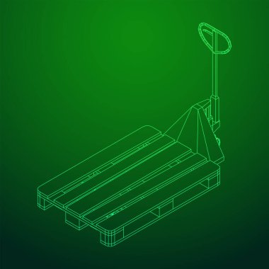 El paleti kaldırma. Depo için kargo paleti olan el yapımı forklift. Lojistik nakliye konsepti. Kablo çerçevesi düşük poli ağ vektör çizimi.