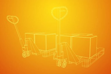 Palet ve karton kutular ile el kaldırma. Elle kaldırma. Lojistik nakliye konsepti. Kablo çerçevesi düşük poli ağ vektör çizimi.