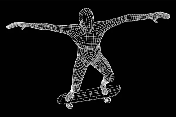 Pattinatore Che Salta Trucco Skateboard Illustrazione Vettoriale Maglie Corte Wireframe — Vettoriale Stock