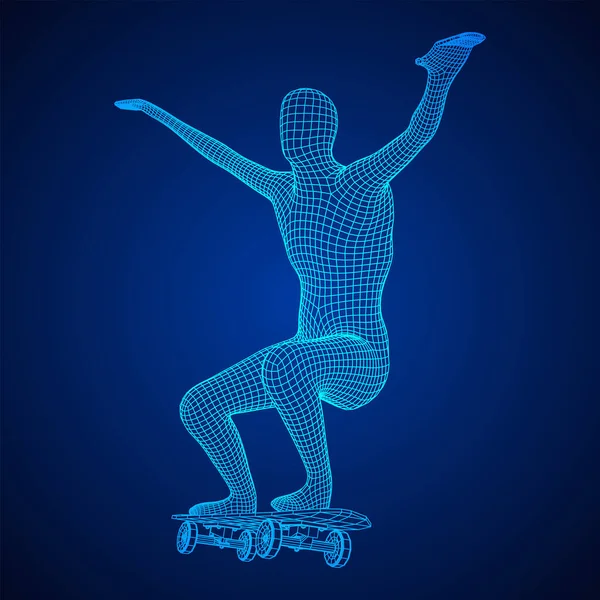Skejťák Dělá Skokanský Trik Skateboardu Obrázek Vektoru Nízkým Poly Mesh — Stockový vektor