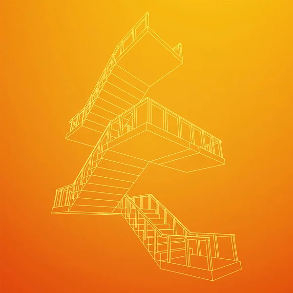 ワイヤーフレーム階段手すり付きの内部階段階段 — ストックベクタ