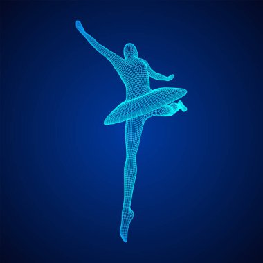 Dans eden balerin. Klasik kadın balerin. Kablo çerçevesi düşük poli ağ vektör çizimi.