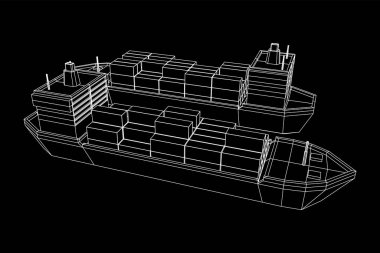 Yük konteynırlarıyla dolu ağır bir kargo gemisi. Kablo çerçevesi düşük poli ağ vektör çizimi.
