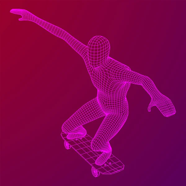スケートボードでジャンプトリックを行うスケーター ワイヤーフレーム低ポリメッシュベクトルイラスト — ストックベクタ