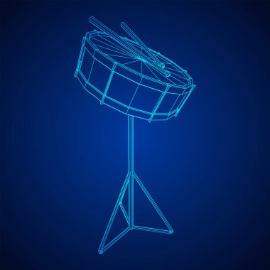 Müzik aletleri ayarlandı. Rock müzik seti. Perküsyon müzik aleti davul ve sopa. Kablo çerçevesi düşük poli ağ vektör çizimi.