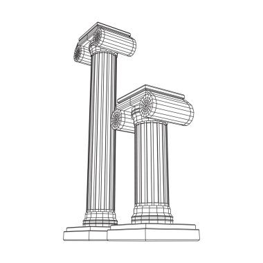 Yunan iyonik sütunu. Antik sütunlar Roma antika mimarisi inşaat dekorasyonu. Kablo çerçevesi düşük poli ağ vektör çizimi.