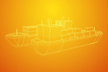Yük konteynırlarıyla dolu ağır bir kargo gemisi. Kablo çerçevesi düşük poli ağ vektör çizimi.