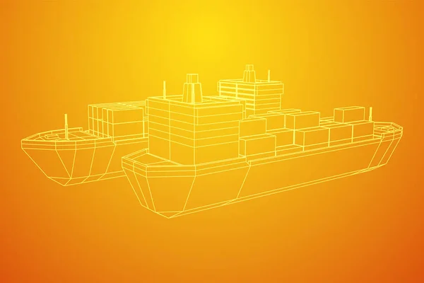 Ömlesztettáru Szállító Nehéz Száraz Teherhajója Konténerekkel Wireframe Alacsony Poly Hálós — Stock Vector