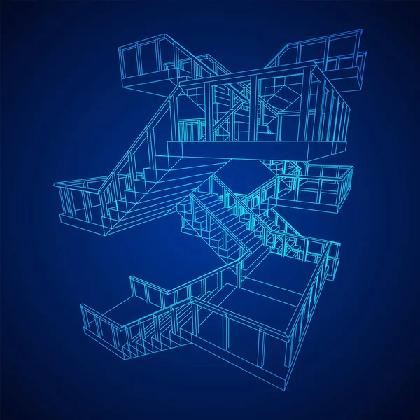 Wireframe Stairs Interior Staircases Steps Railing Wireframe Low Poly Mesh — Stock Vector