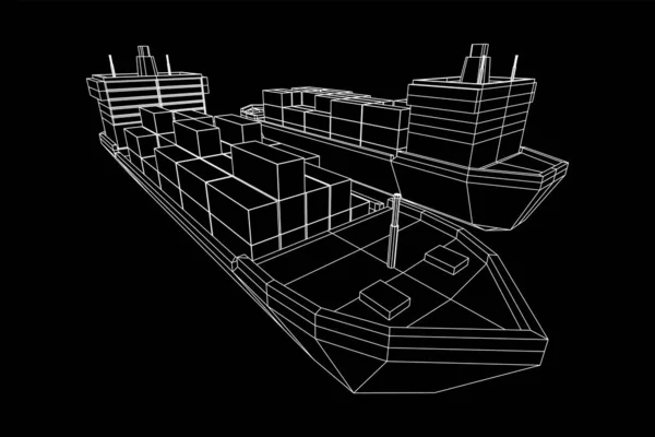 Tunga Torrlastfartyg Med Bulkfartyg Och Fraktcontainrar Wireframe Låg Poly Mesh — Stock vektor