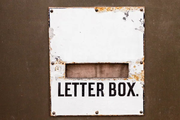 Vintage Enamel Plate Letter Box Rusted Edges Screwed Wood Board — Stock Photo, Image