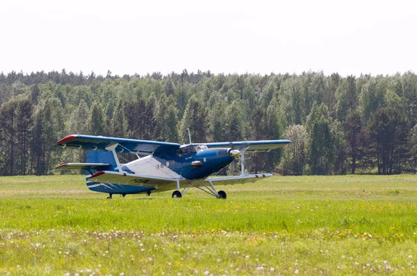 Flugzeug Doppeldecker Rollt Durch Die Sommerwiese Waldrand — Stockfoto