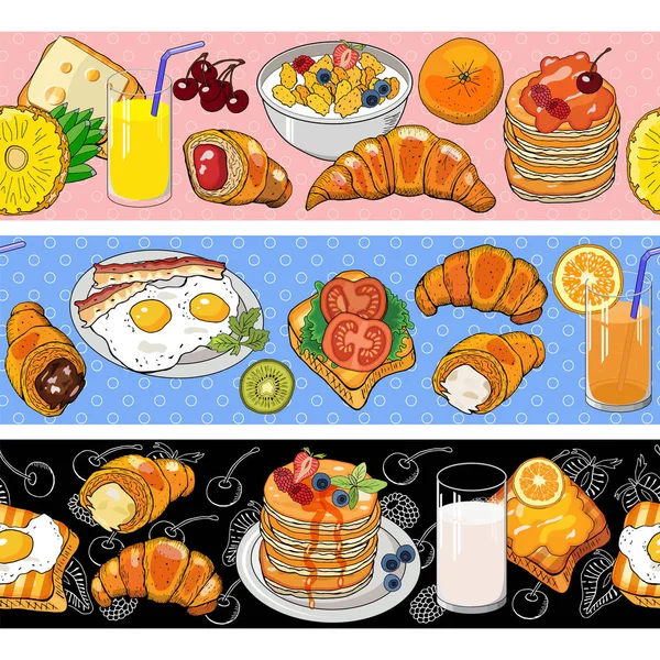 开胃美味的早餐 无缝水平图案画笔 在白色上被隔离的对象 您的设计 餐厅和咖啡馆菜单 — 图库矢量图片