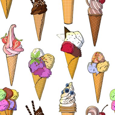 Tatlı dondurma seamless modeli. İllüstrasyon vektör, çizilmiş öğeleri teslim. Mükemmel baskı için tebrik kartları, Giysi, yatak çarşafları, kumaş, tekstil, duvar kağıdı, ambalaj kağıdı, hediye kutusu