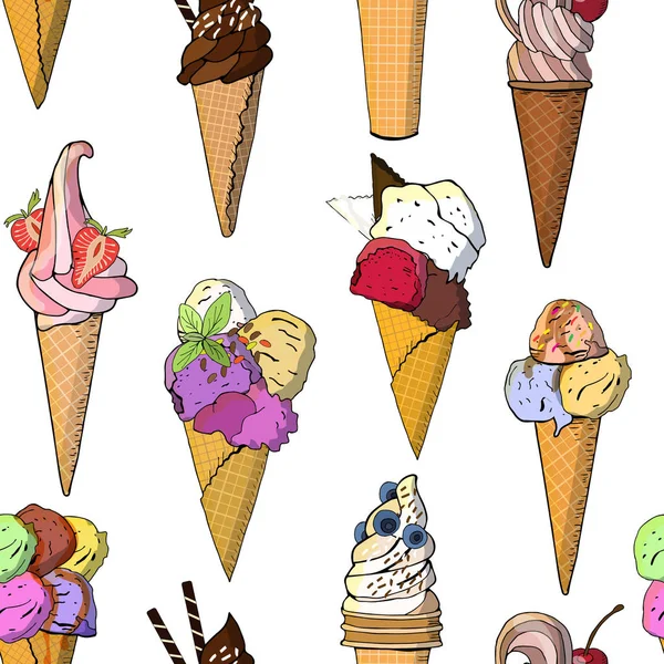 Tatlı dondurma seamless modeli. İllüstrasyon vektör, çizilmiş öğeleri teslim. Mükemmel baskı için tebrik kartları, Giysi, yatak çarşafları, kumaş, tekstil, duvar kağıdı, ambalaj kağıdı, hediye kutusu
