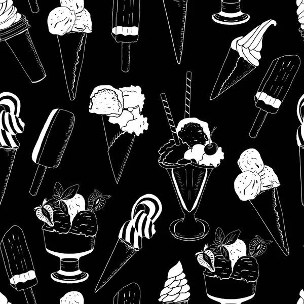 甜冰淇淋无缝图案黑色 矢量插图 手绘元素 优秀的贺卡 纺织品 包装纸 礼品盒打印 — 图库矢量图片