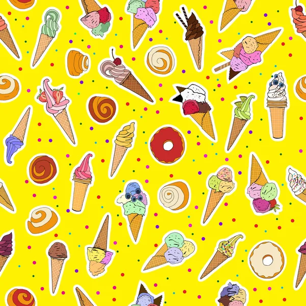 Seamless Pattern Icecreams Buns Donuts Vector Illustration Hand Drawn Elements — Stock Vector
